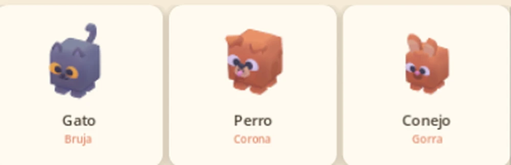 Tres mascotas de la colección: gato, perro y conejo, cada una con un gorro.