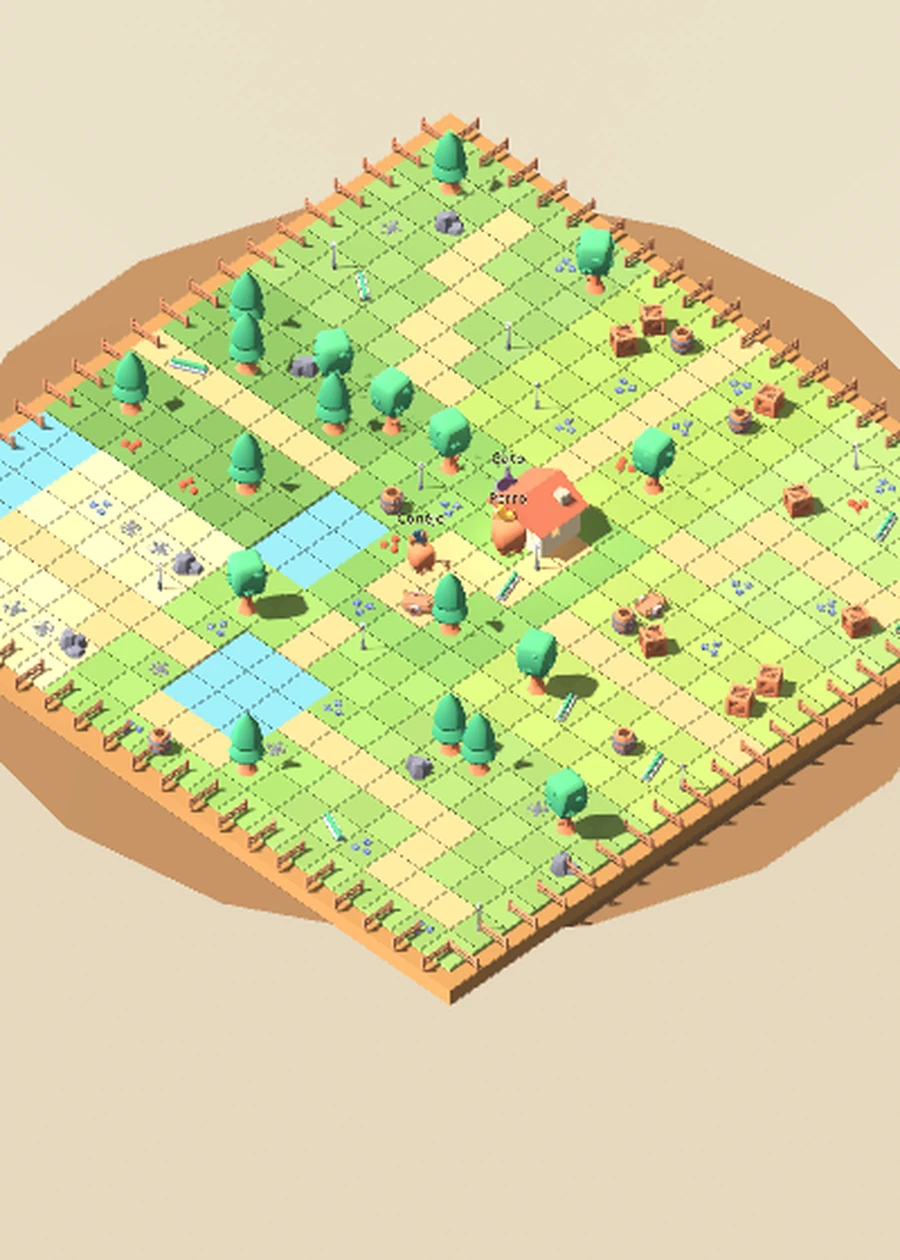 La granja isométrica con parcelas abiertas, árboles y la casita.