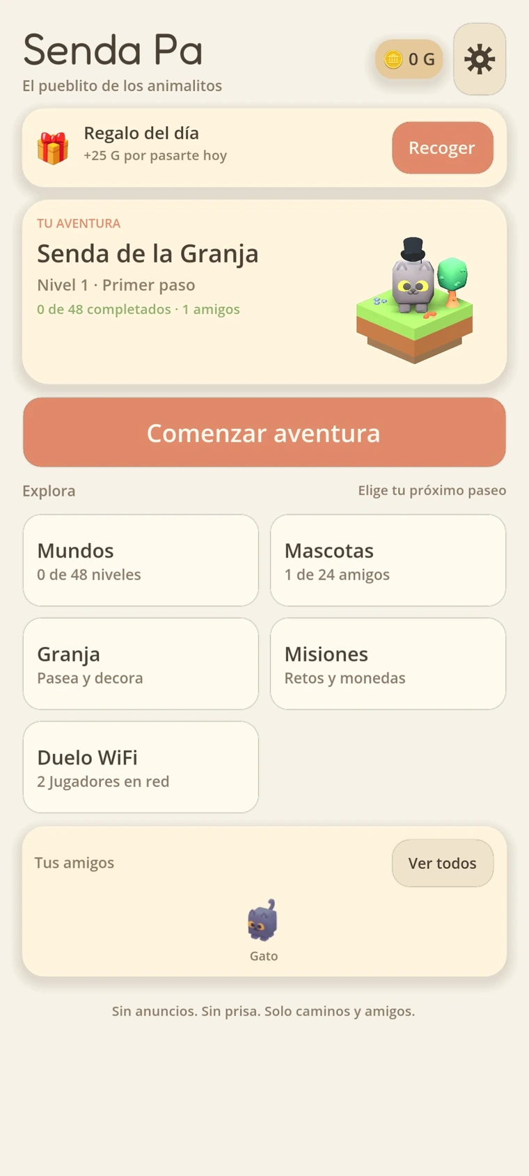 Pantalla de inicio de Senda Pa con el gato, el regalo diario y los accesos a mundos, mascotas, granja y misiones.